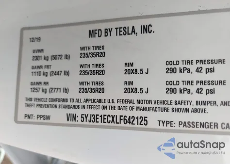 2020 Tesla Model 3 Performance z USA, uszkodzony, nr VIN 5YJ3E1ECXLF642125